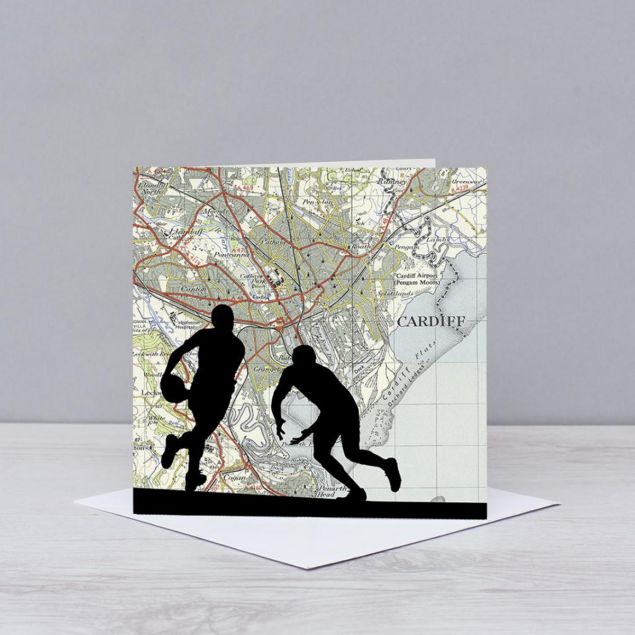 Rugby Players over Cardiff Greetings Card
